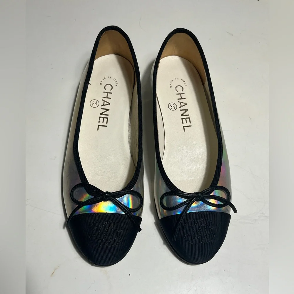 CHANEL Iridescent Ballet Flats with Black Cap Toe